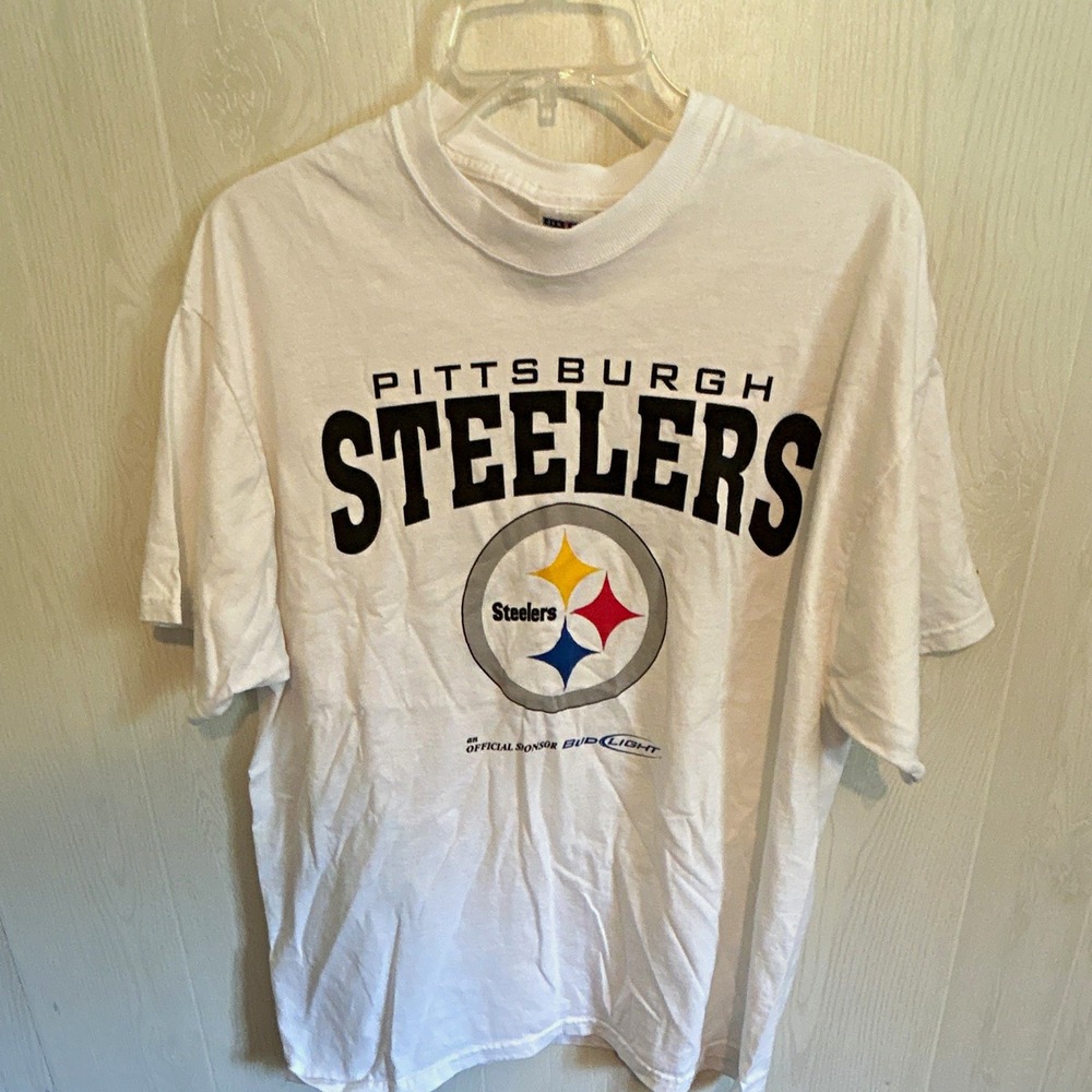 Jerzees NFL Pittsburgh Steelers White Graphic T Shirt Cotton XL Bud light beer